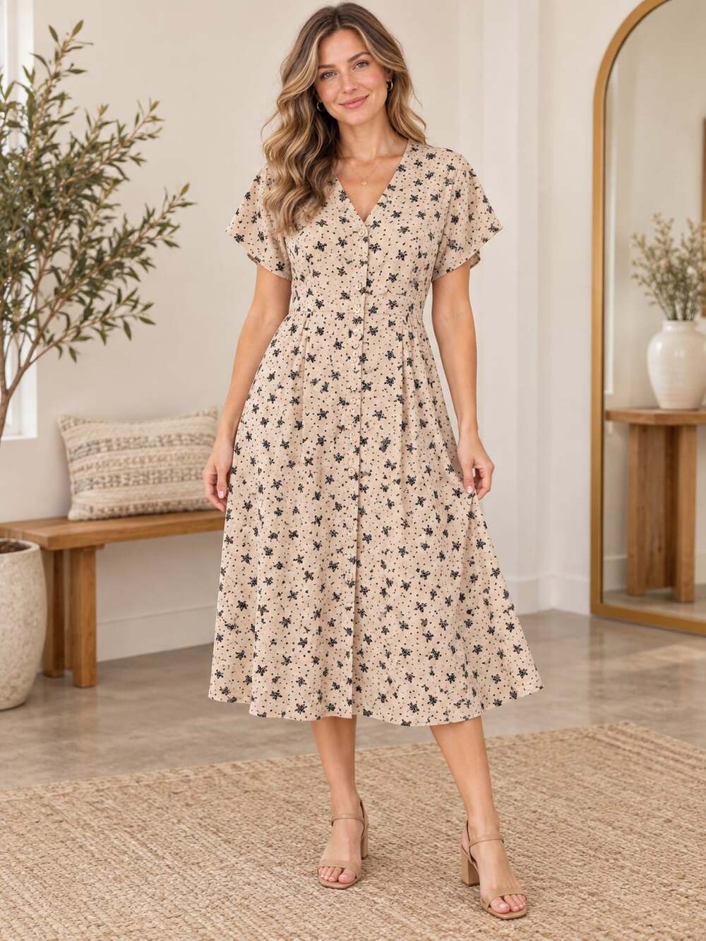 ASTR The Label Floral Midi Shirt Dress Beige Black Dolman Sleeve Size S
